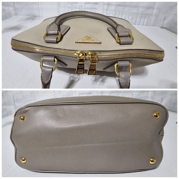 Pre owned Prada Pomenade Saffiano mediumTwo Tone Leather Dome Satchel Taupe - Picture 6 of 16